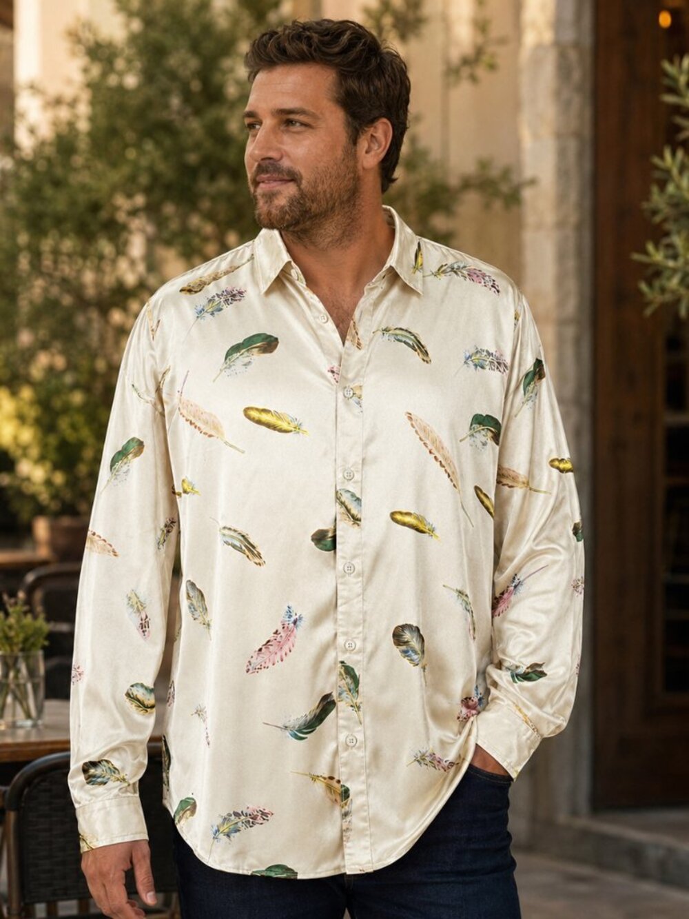 NWT ZEROYAA Men’s XXL Champagne Feather Print Satin Button-Down Dress Shirt